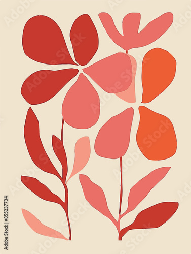 Bold abstract illustrations featuring vibrant floral designs in shades of red, pink, and orange. These colorful, modern art pieces showcase a unique, minimalist style perfect for home decor and creati