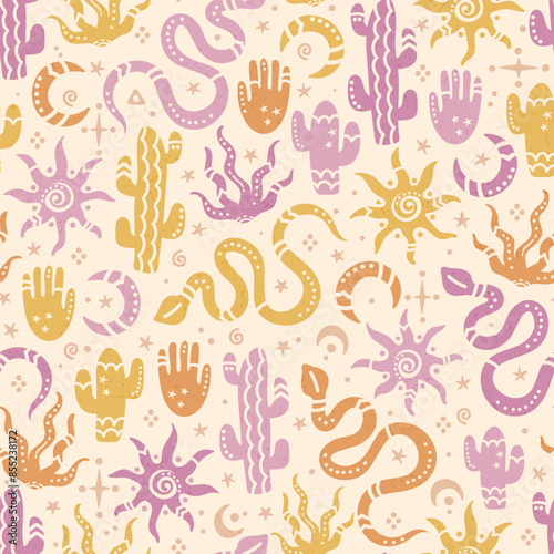 Desert spirits seamless pattern, hand drawn ornaments, great for fabrics, wallpapers, surfaces - vector design