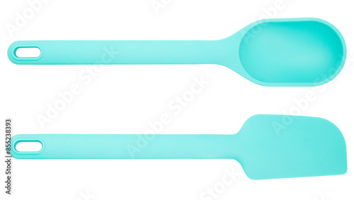 Silicone spoon and spatula. Light blue turquoise color. Good for home cooking and baking. Mixing kitchen tool. Rubber spoon. Plastic utensil for restaurant kitchenware. Isolated object. Food equipment