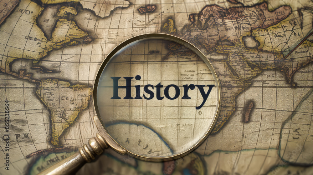 The word HISTORY inside an antique magnifying glass over an old map.