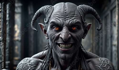 Portrait of gray evil smiling djinn - Generative AI