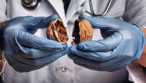 The doctor holding a broken walnut, testicular cancer prevention concept	 photo
