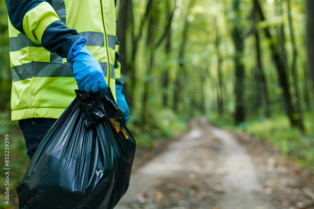 Volunteer holding garbage bag in forest. Eco-friendly lifestyle, environmental conservation and protection. Clean nature, ecology and sustainability concept. Eco activism. Banner with space Volunteer holding garbage bag in forest. Eco-friendly lifestyle, environmental conservation and protection. Clean nature, ecology and sustainability concept. Eco activism. Banner with space