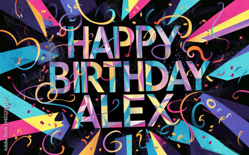 colorful happy birthday Alex greeting card design
