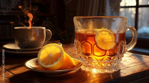 Close up view of tea with lemon in glass on wooden table, steam rising with lemon slices nearby