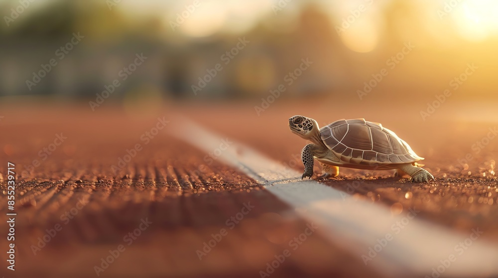 Obraz premium A small turtle crossing a sunlit outdoor track with a shallow depth of field, capturing the essence of slow and steady progress.