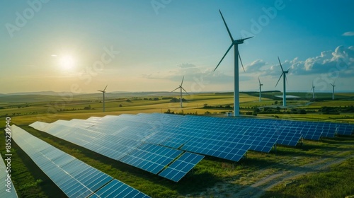 A serene landscape showcasing solar panels and wind turbines, symbolizing sustainable energy solutions and environmental conservation. Ideal for promoting renewable energy initiatives. photo