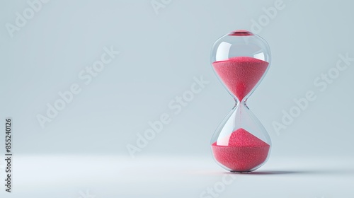 Hourglass with vibrant red sand passing, marking the passage of time and approaching deadlines, isolated on a plain light background, clear space for text