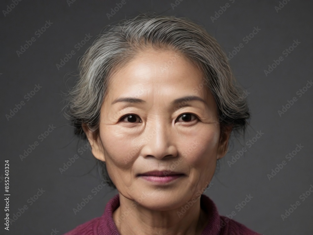 Portrait of a 65 year old elegant woman of Asian appearance on a dark background