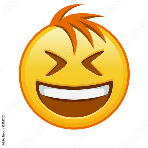 Smiling face with open mouth and tightly closed eyes Large size of yellow emoji smile with hair