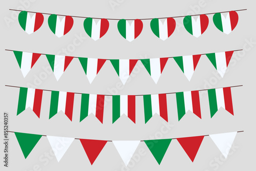 Italian flag set bunting vector. Flag heart triangle shape elements isolated on white background.
