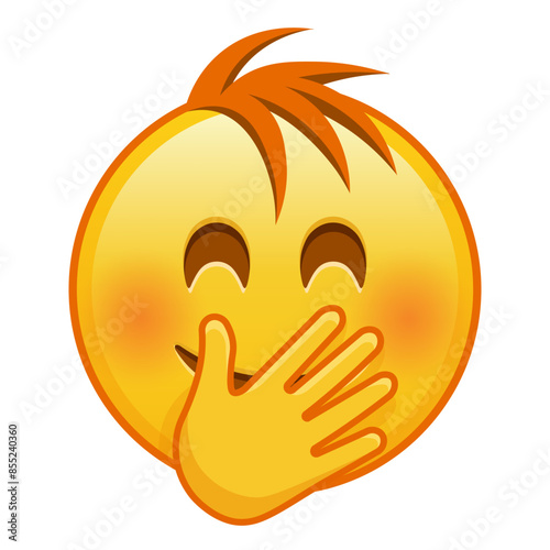 Smiling face with smiling eyes covering mouth with hand with hair