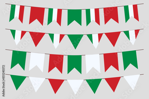 Italian flag set bunting vector. Flag heart triangle shape elements isolated on white background.