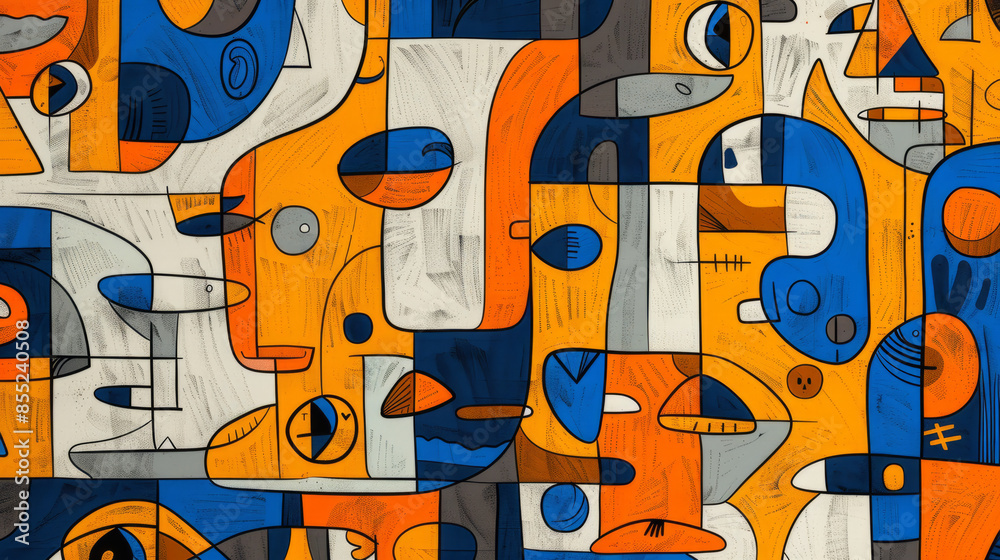 Surrealistic Orange Shapes on Blue Canvas Surrealistic Orange Shapes on Blue Canvas