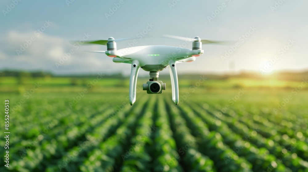 Lush green farm field with advanced smart detectors monitoring crop health, futuristic technology seamlessly integrated with nature, clear blue sky above, sustainable agriculture concept