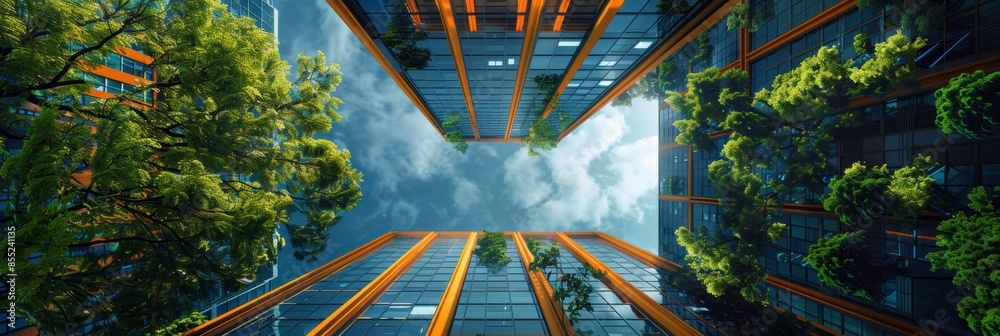 3D surreal architect presenting BIM model, twin green buildings ...