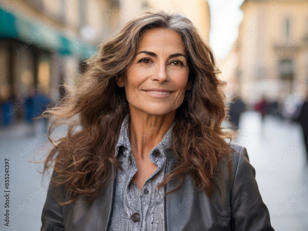 Portrait of a smiling 55 year old brunette businesswoman with long hair looking at the camera on the street. Beautiful confident Italian woman in a stylish suit standing on the street
