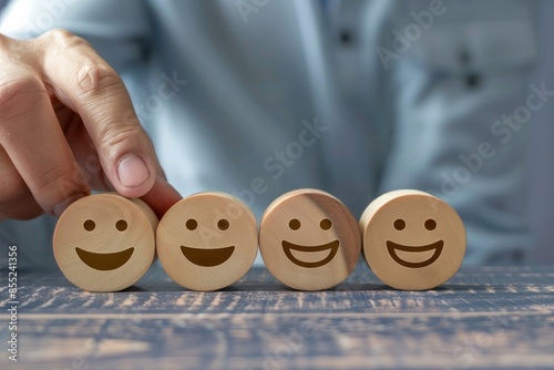 customer services best excellent business rating experience. Satisfaction survey concept. Hand of a businessman chooses a smile face on wood block circle. 5 Star Satisfaction 