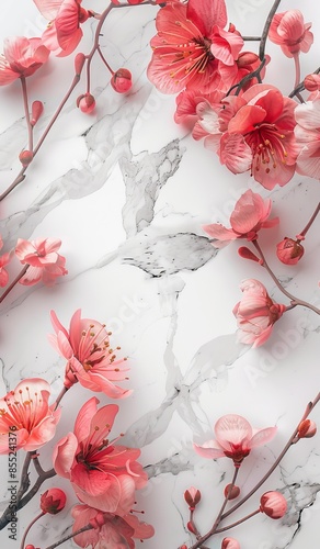 Elegant white marble background with pink and red flowers