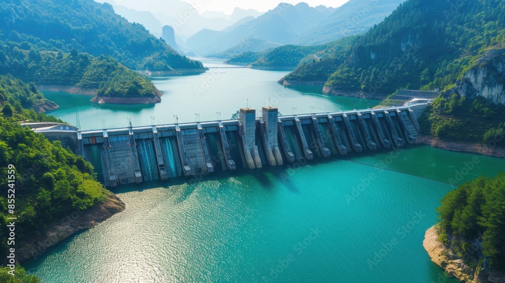 An aerial view of a hydroelectric dam situated in a valley surrounded by lush green mountains and a crystal clear turquoise reservoir.