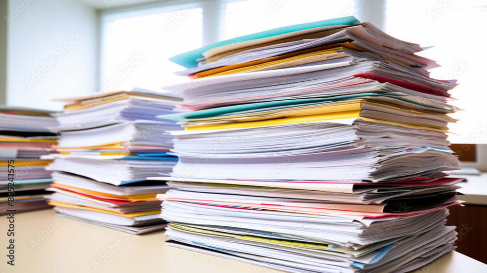 Pile of paperwork on table at offices.
Pile of paperwork on table at offices.