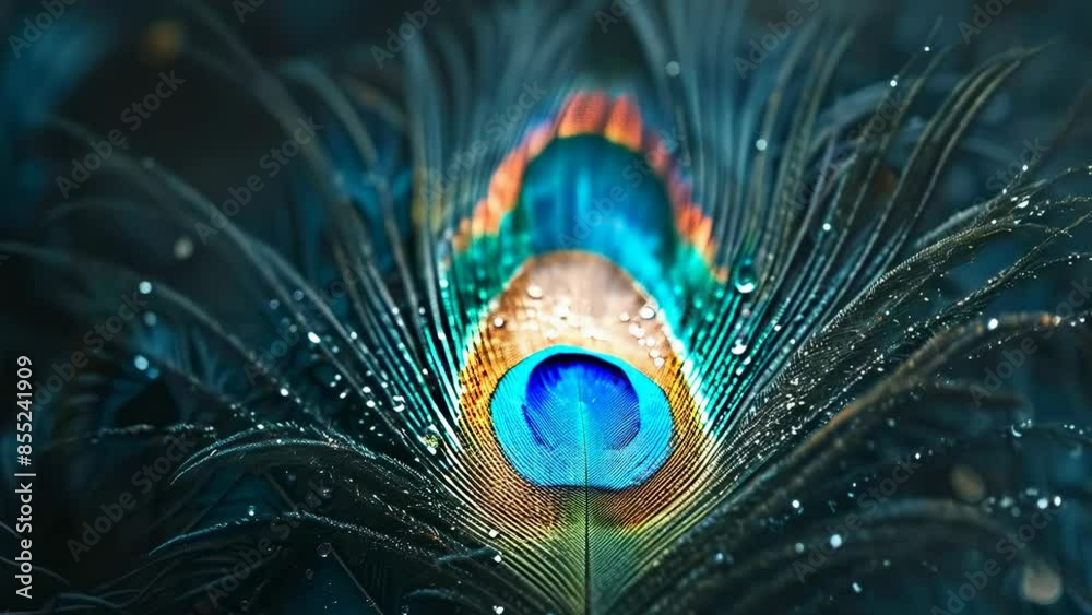 This close-up image captures a vibrant peacock feather adorned with dew droplets, photographed in low light. The intricate details and vivid colors highlight the feather's eye pattern, creating a