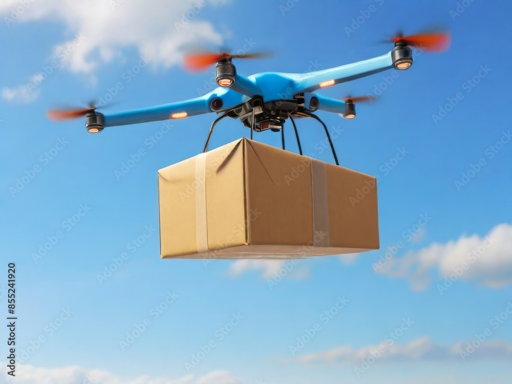 Drone carrying a package in a box against the sky on a sunny day