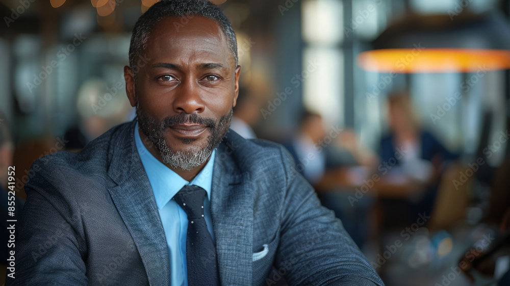 Confident African American businessman, sharply focused, leads in a modern office.generative ai Confident African American businessman, sharply focused, leads in a modern office.generative ai