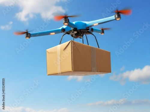 Obraz na płótnie Drone carrying a package in a box against the sky on a sunny day w salonie