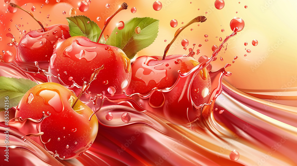 Red cherries in water with splashes and drops on a background Red cherries in water with splashes and drops on a background