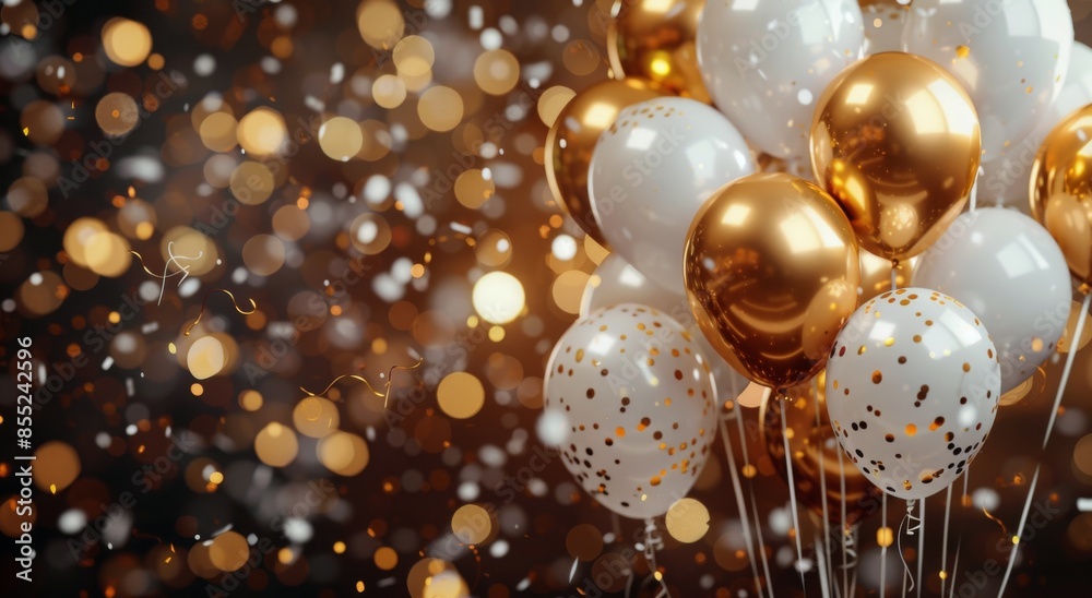 White and Gold Balloons With Confetti Against a Blue Background White and Gold Balloons With Confetti Against a Blue Background