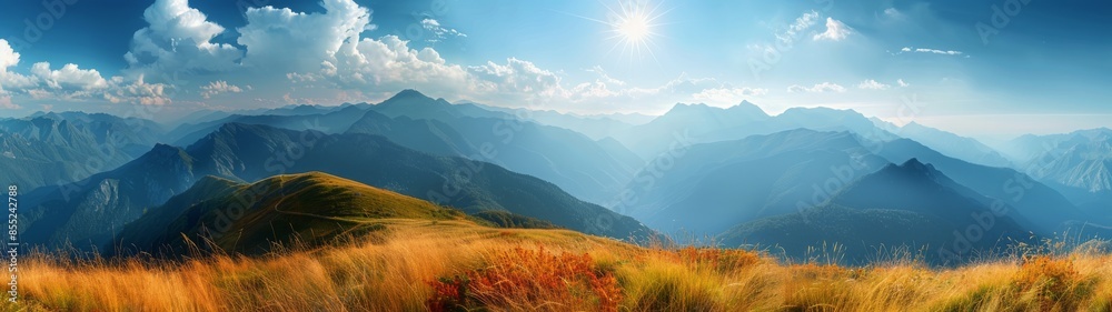 Fototapeta premium Sunlit Mountaintop View With Rolling Hills and Clouds