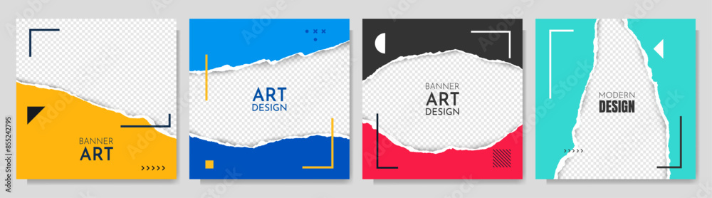 Vector illustration. Torn paper effect. Color banner collection. Design element for social media, web template, blog post. Decorative art. Square size overlay with 3d shadow effect and geometric frame