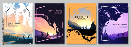 Vector brochure cards set. Travel concept of discovering, exploring and observing nature. Paint ink brush overlay. Flat design template of flyer, magazine, book cover, banner, invitation, poster