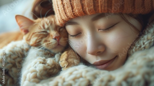 Woman Cuddling Cat on Lap