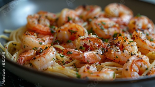 White Plate With Pasta and Shrimp