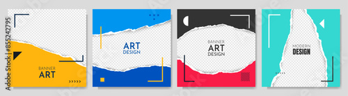 Vector illustration. Torn paper effect. Color banner collection. Design element for social media, web template, blog post. Decorative art. Square size overlay with 3d shadow effect and geometric frame