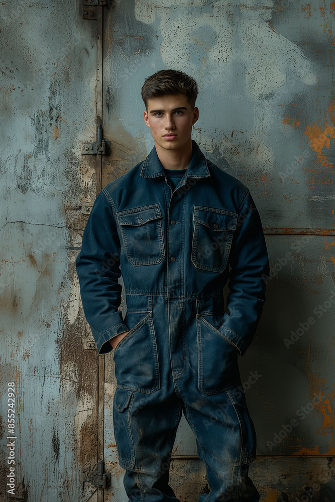An young man in a blue work coverall looks thoughtfully upwards against a textured background. contemplative mood, ideal for themes related to labor and personal reflection. An young man in a blue work coverall looks thoughtfully upwards against a textured background. contemplative mood, ideal for themes related to labor and personal reflection.