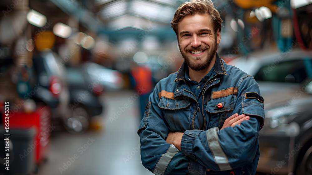 Standing with arms crossed. Auto mechanic working in garage. Repair service. Standing with arms crossed. Auto mechanic working in garage. Repair service.