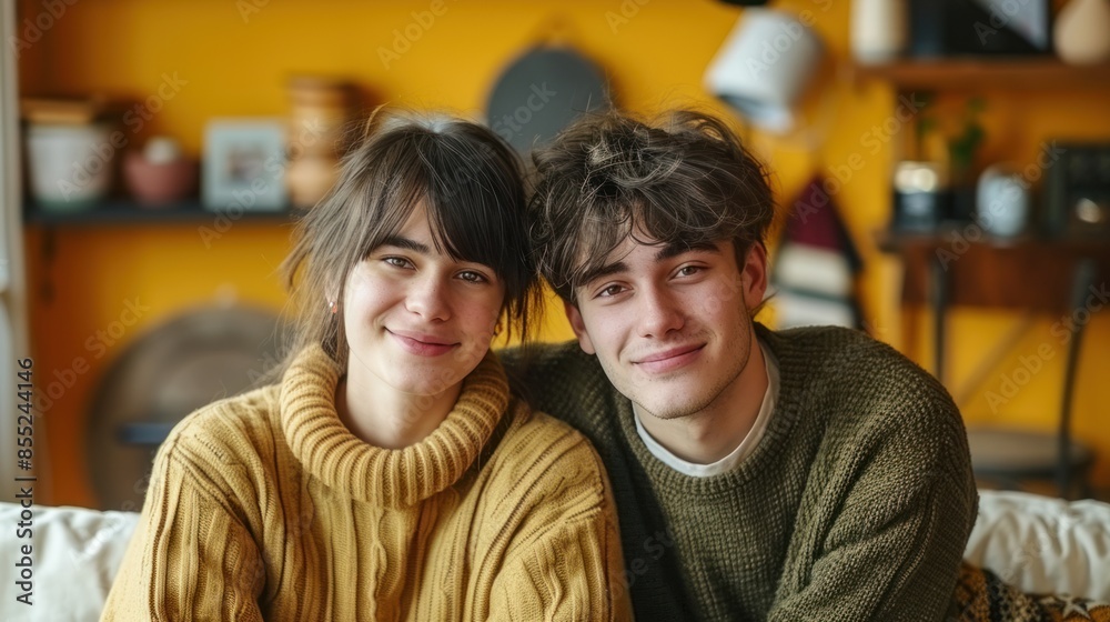 Fototapeta premium Young man and woman sitting next to each other, smiling at the camera and posing for a photo in a warm and friendly atmosphere.