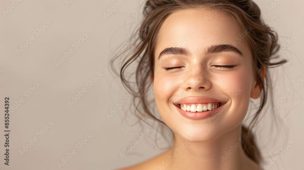 Radiant Woman with Serene Smile on Clean Background for Text Overlay Radiant Woman with Serene Smile on Clean Background for Text Overlay