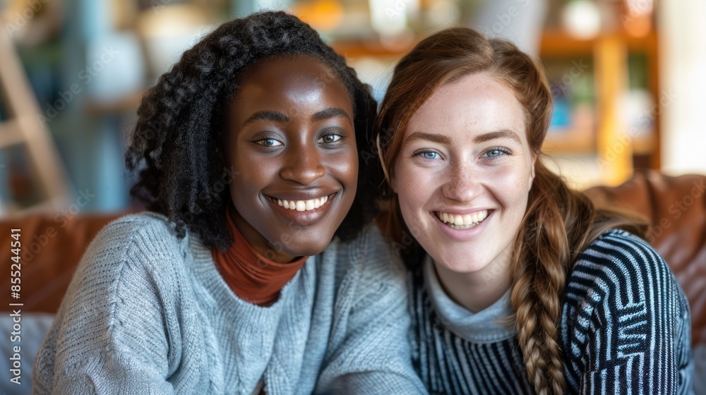 Two women, one with a braid, the other with an afro, smile broadly at the camera. Two women, one with a braid, the other with an afro, smile broadly at the camera.