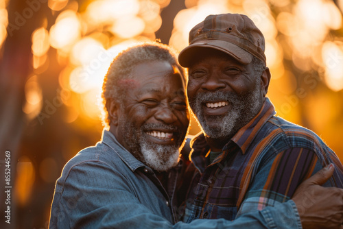 Two senior gay men share a joyful moment with warm smiles and a hug outdoors. The golden sunset light enhances the happiness and camaraderie between the friends. © Mirador