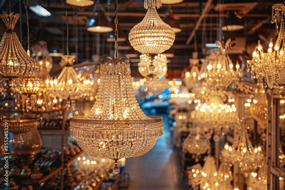 A luxurious chandelier store with many sparkling and elegant light fixtures. Chandeliers of various sizes and designs illuminate the interior, creating an atmosphere of luxury and elegance A luxurious chandelier store with many sparkling and elegant light fixtures. Chandeliers of various sizes and designs illuminate the interior, creating an atmosphere of luxury and elegance