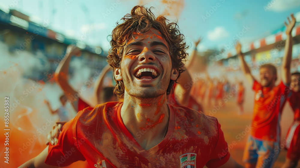 Soccer fans in red celebrating.generative ai Soccer fans in red celebrating.generative ai