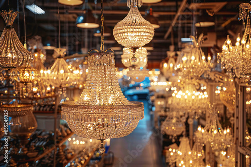 A luxurious chandelier store with many sparkling and elegant light fixtures. Chandeliers of various sizes and designs illuminate the interior, creating an atmosphere of luxury and elegance