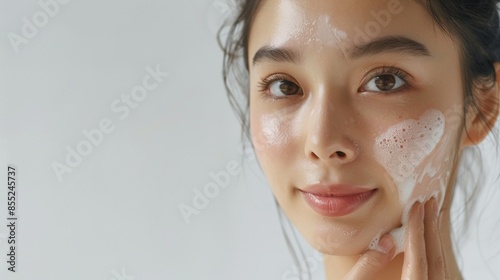Asian model does facial cleansing young girl with foam on her face