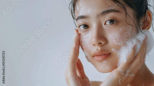 Asian model does facial cleansing young girl with foam on her face