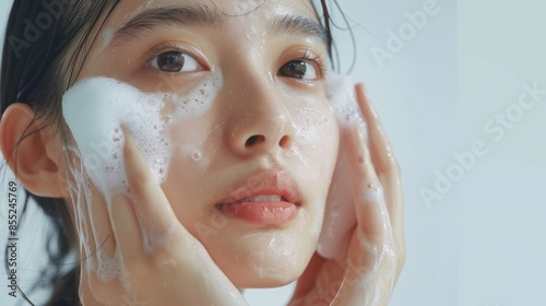 Asian model does facial cleansing young girl with foam on her face