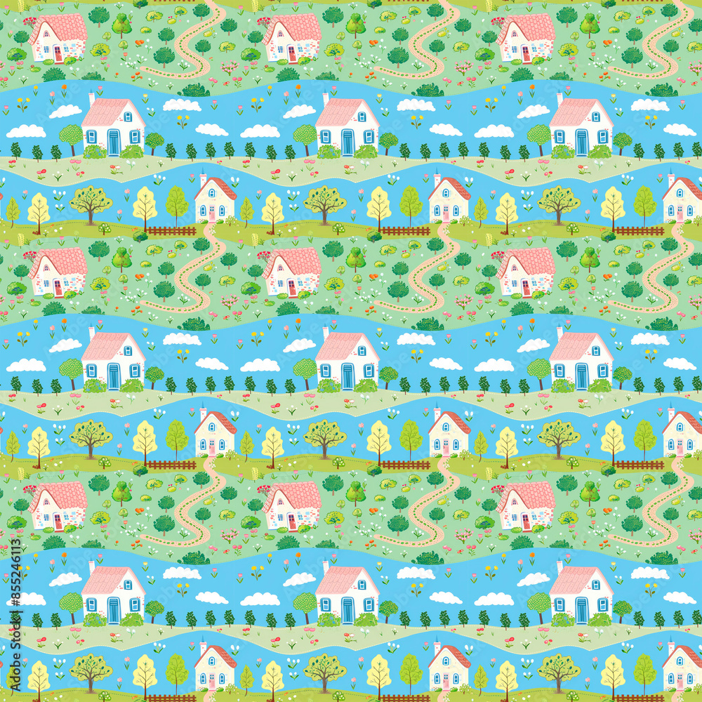 Obraz premium Charming pattern of colorful countryside houses, trees, and winding paths on a blue background.